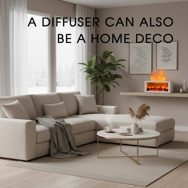 White fireplace diffuser used as elegant home decor on a wall shelf in a modern bright living room, adding ambiance with its flame effect.