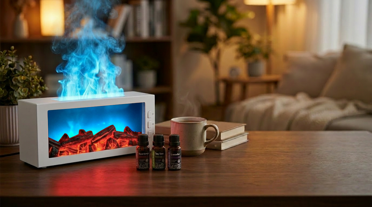 White fireplace diffuser creating a unique light blue flame effect with mist, placed on a wooden table with a coffee cup and 3 essential oil bottles.