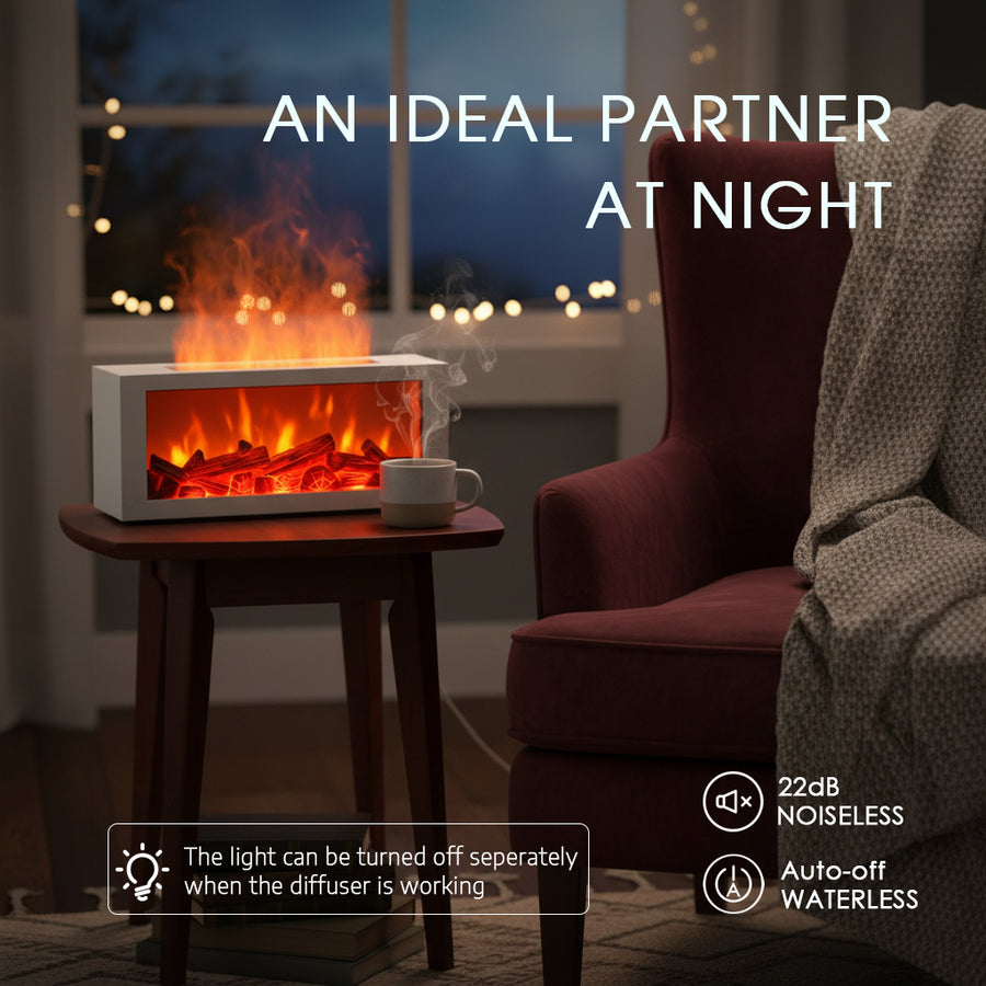 White fireplace diffuser as an ideal partner at night in a cozy reading nook, featuring 22dB noiseless operation and auto-off when waterless for safe sleeping.