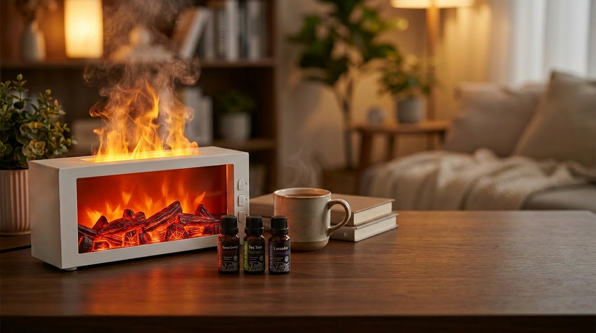 White fireplace diffuser creating a unique orange flame effect with mist, placed on a wooden table with a coffee cup and 3 essential oil bottles.