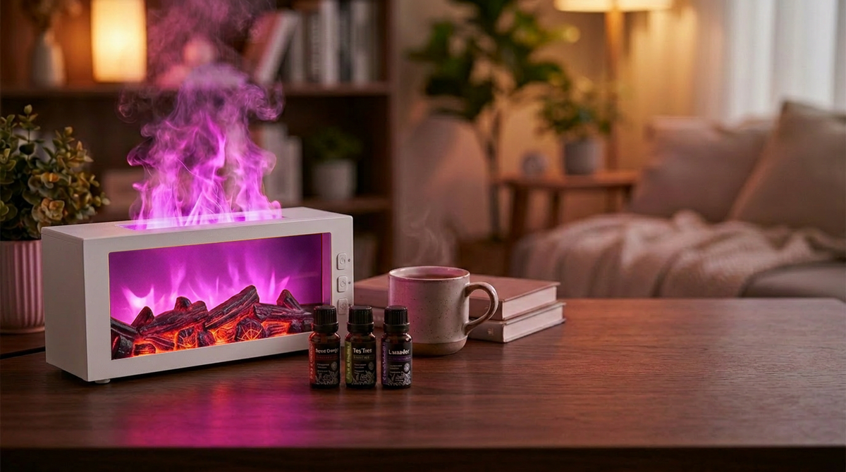 White fireplace diffuser creating a unique pink flame effect with mist, placed on a wooden table with a coffee cup and 3 essential oil bottles.