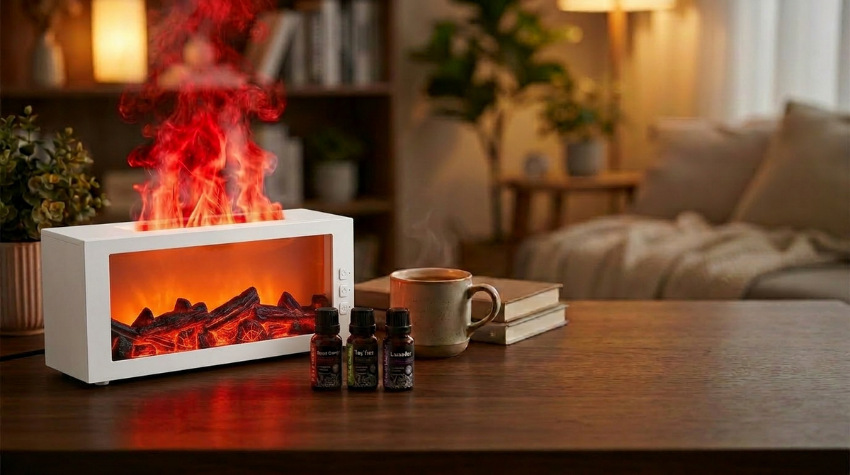 White fireplace diffuser creating a unique red flame effect with mist, placed on a wooden table with a coffee cup and 3 essential oil bottles.