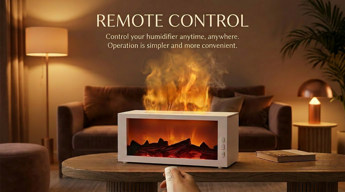 Hand using a remote control to operate the white fireplace diffuser on a coffee table in a cozy living room setting.