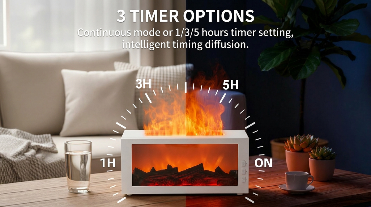 White fireplace diffuser showing 3 timer options (1H, 3H, 5H) and continuous ON mode for intelligent timing diffusion.