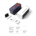 White fireplace aroma diffuser unboxing set including the device (9.5 x 3.9 x 4.1 inches), remote, 3 oils, USB cable, and manual, with specs: 300mL tank, 600g weight, DC 5V/2A power.
