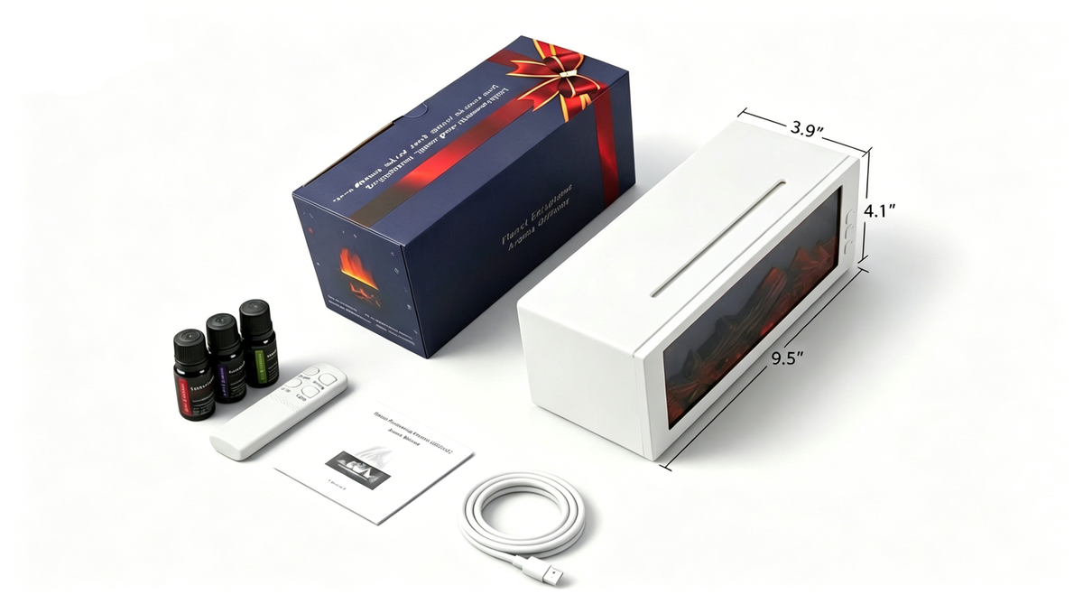 White fireplace aroma diffuser unboxing set including the device (9.5 x 3.9 x 4.1 inches), gift box, remote, 3 oils, USB cable, and manual.