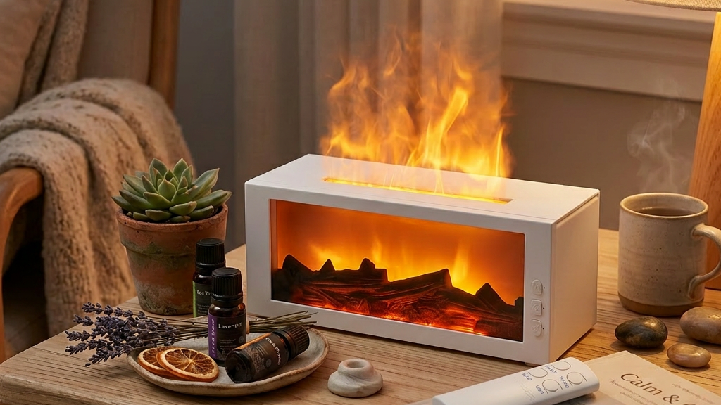 Cozy scene with white fireplace diffuser emitting warm orange flame light, surrounded by a succulent plant, dried lavender, orange slices, and essential oils.