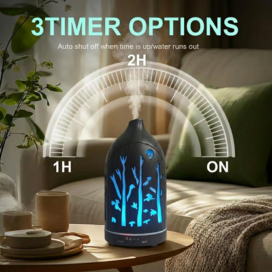 Infographic of the dark wood forest diffuser showing 3 timer options (1H, 2H, ON) and auto shut-off feature when water runs out for safety.