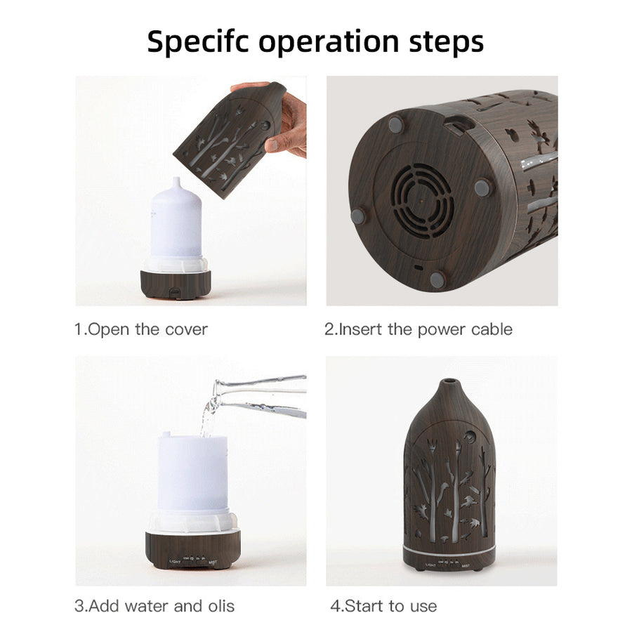 Step-by-step instruction manual for the forest cutout diffuser: open the cover, insert power cable, add water and essential oils, and start using.