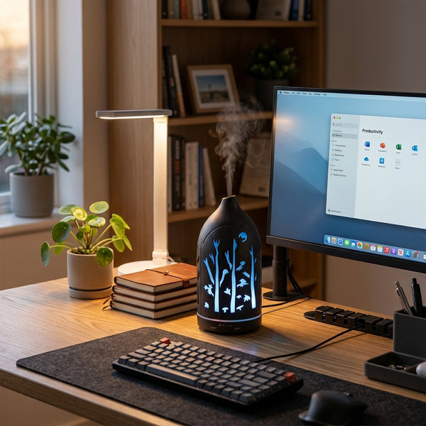 Dark forest cutout diffuser emitting blue mist on a modern office desk setup, enhancing productivity and air quality while working on a computer.