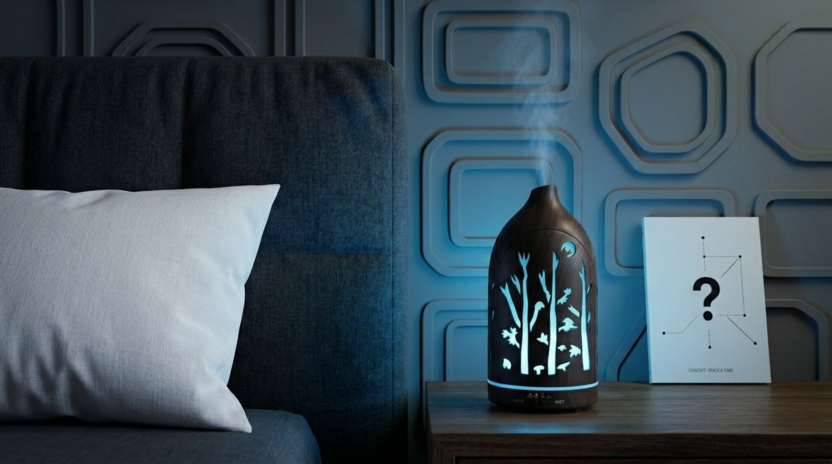 Dark wood forest aromatherapy diffuser emitting a calming light blue LED light on a nightstand in a modern bedroom with geometric wall panels.