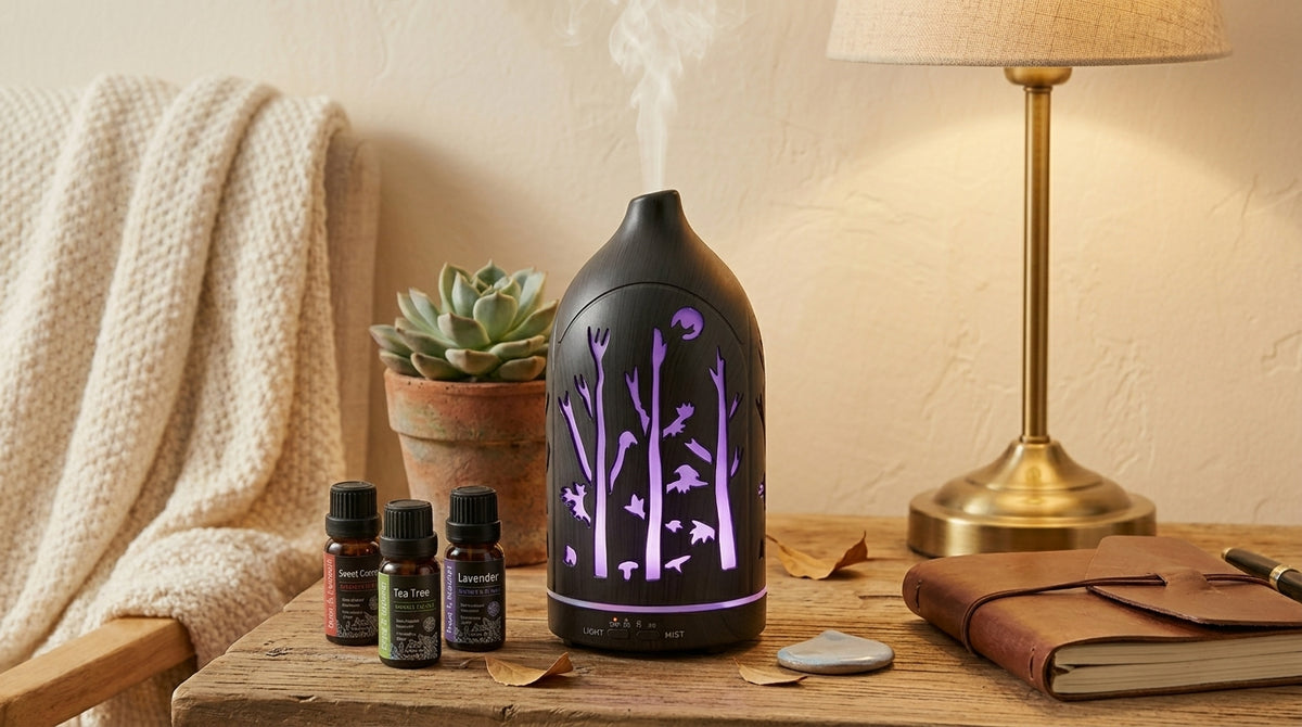 Dark wood forest diffuser glowing with purple ambient light on a rustic wooden table with a brass lamp, succulent plant, leather journal, and 3 essential oils.