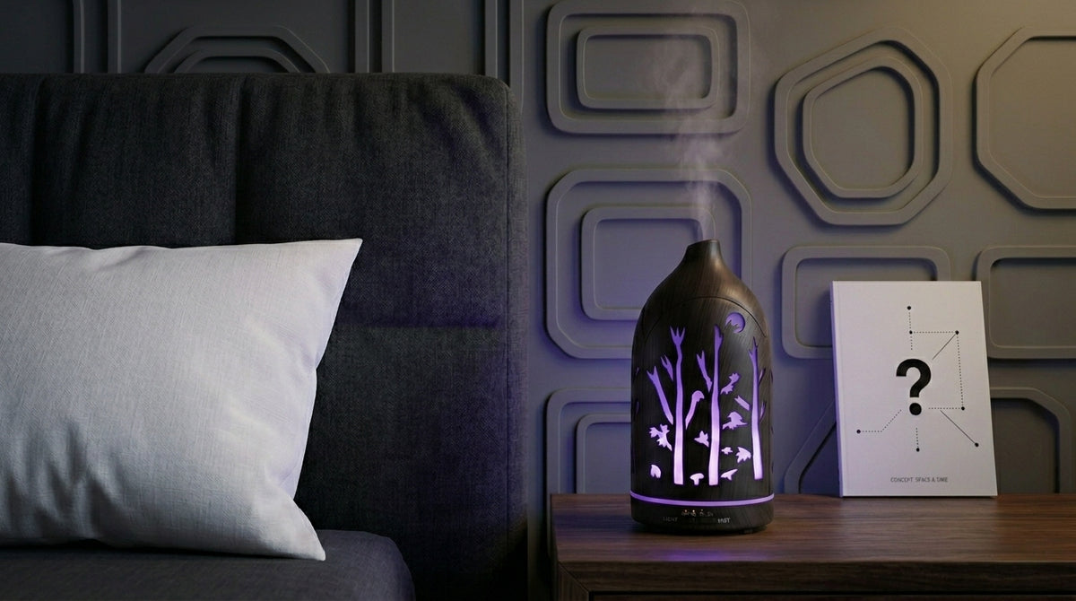 Dark wood forest aromatherapy diffuser emitting a calming purple LED light on a nightstand in a modern bedroom with geometric wall panels.