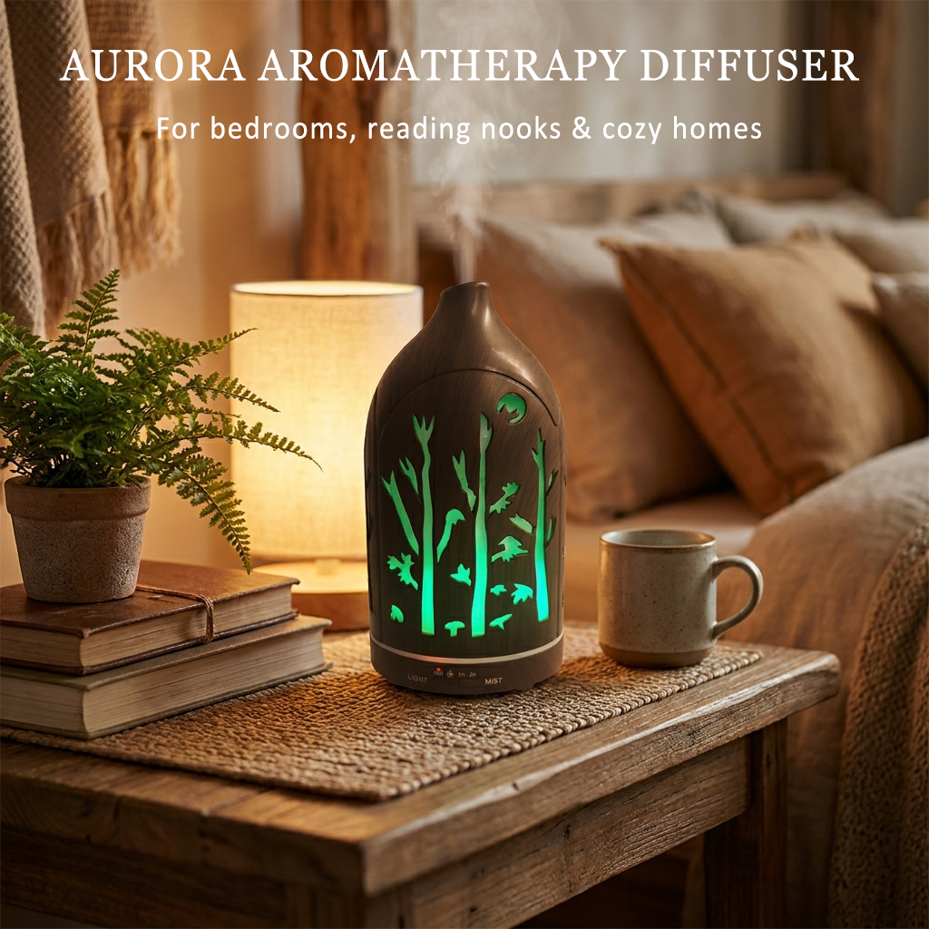 Dark wood grain forest diffuser glowing green on a rustic table with books and a coffee cup, ideal for bedrooms, reading nooks, and cozy homes.