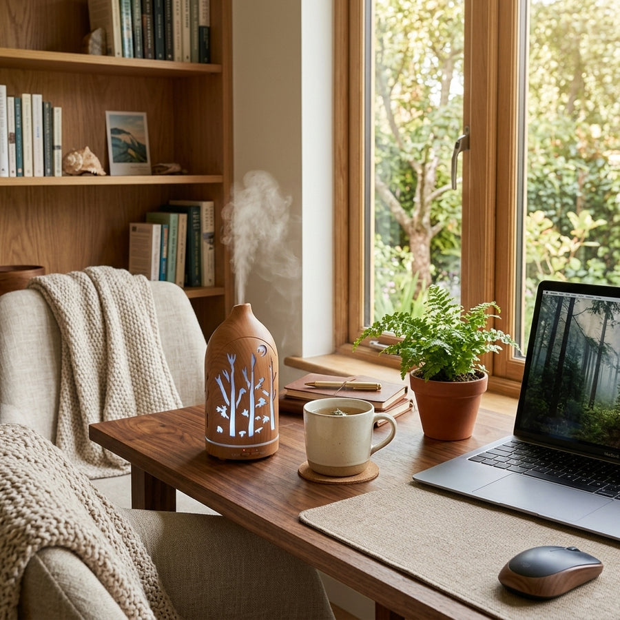 Light wood forest cutout diffuser on a home office desk with a laptop showing a forest image, enhancing productivity and air quality in a bright workspace.