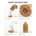 Step-by-step operation guide for the light wood forest diffuser: open the cover, insert power cable, add water and essential oils, and start using.