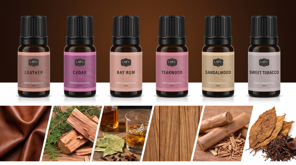 LAIFU Gentlemen's 6-blend essential oil set with corresponding visual ingredients: leather texture, cedar wood, bay rum, teakwood, sandalwood, and sweet tobacco leaves.
