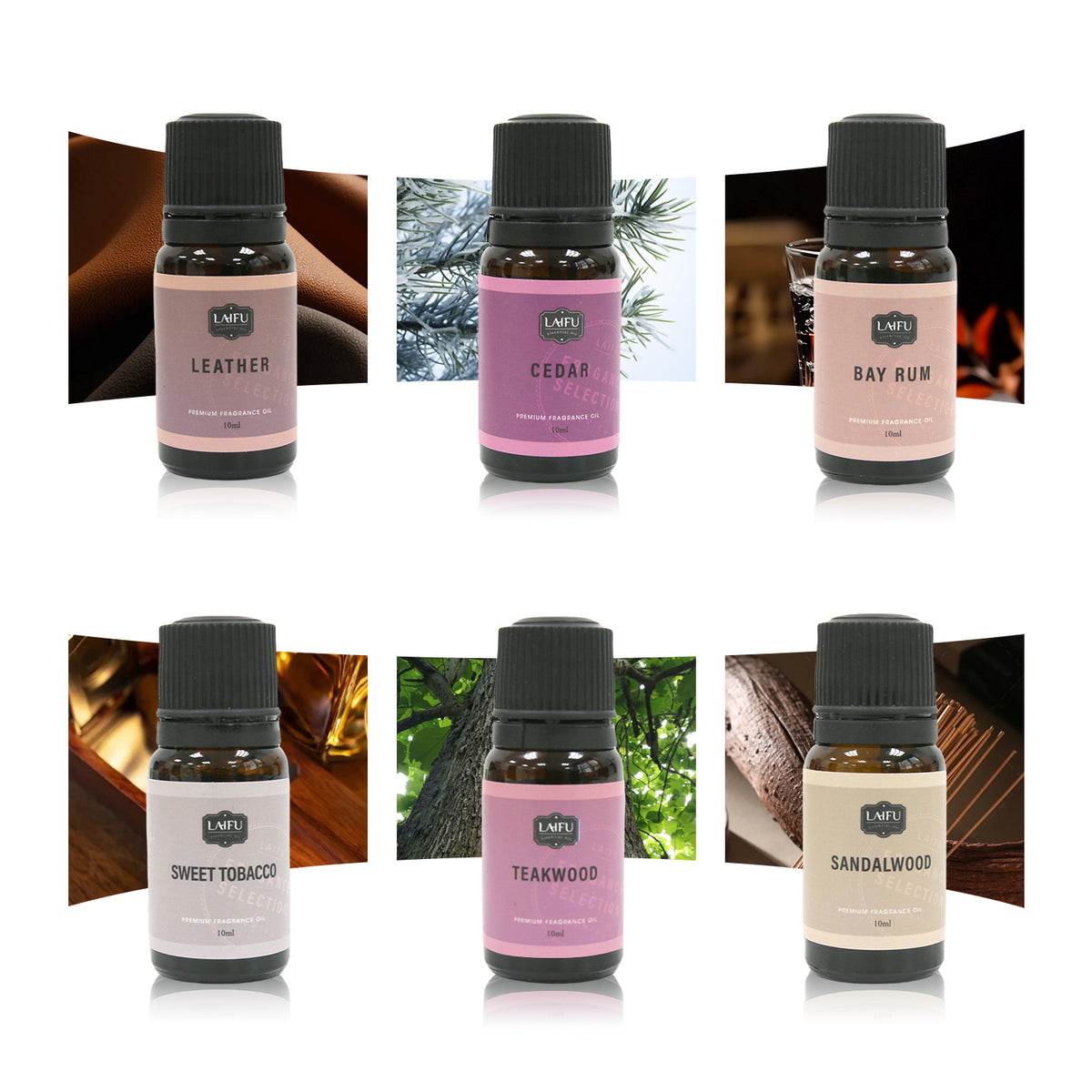 Visual representation of the 6 LAIFU Gentlemen's essential oil scents: Leather texture, Cedar tree, Bay Rum drink, Sweet Tobacco, Teakwood, and Sandalwood.