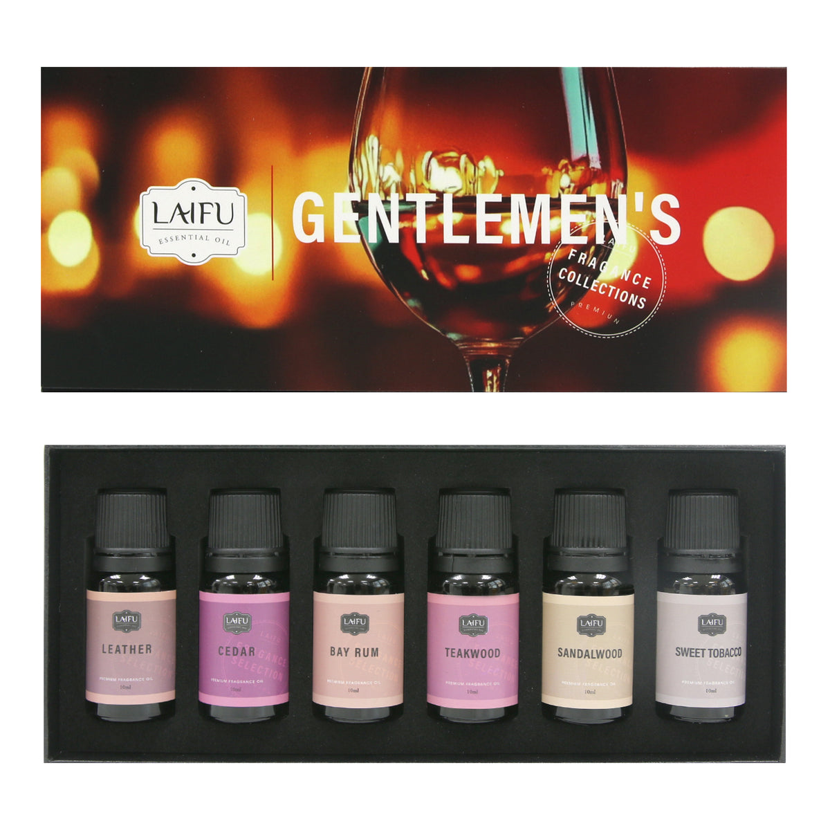 Gentlemen's Fragrance Collection gift box containing 6 premium essential oils: Leather, Cedar, Bay Rum, Teakwood, Sandalwood, and Sweet Tobacco.