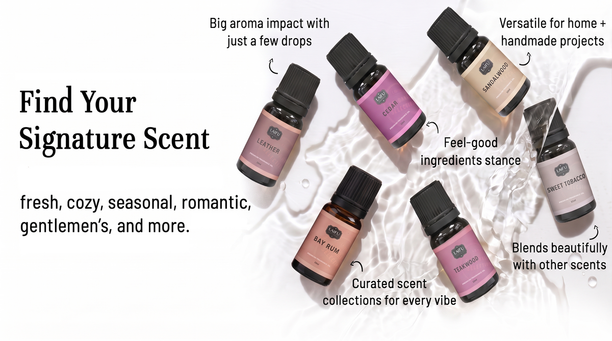 LAIFU Gentlemen's essential oils scattered on a water surface illustrating key benefits: big aroma impact with few drops, versatile for DIY projects, and feel-good ingredients.