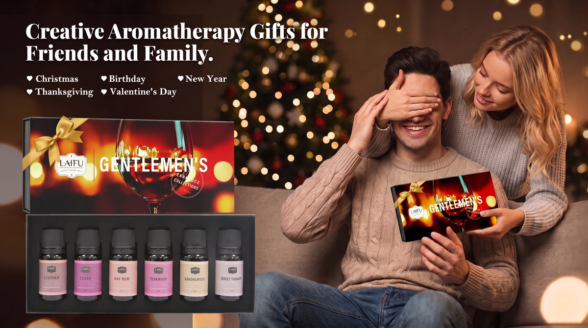 Creative aromatherapy gift idea: A woman surprising a man with the LAIFU Gentlemen's essential oil set in front of a Christmas tree, perfect for holidays and birthdays.