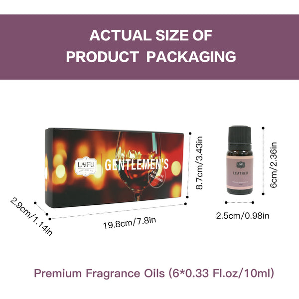 Actual size and dimensions of the Gentlemen's essential oil set: box (19.8x8.7x2.9cm) and single 10ml bottle (6x2.5cm).