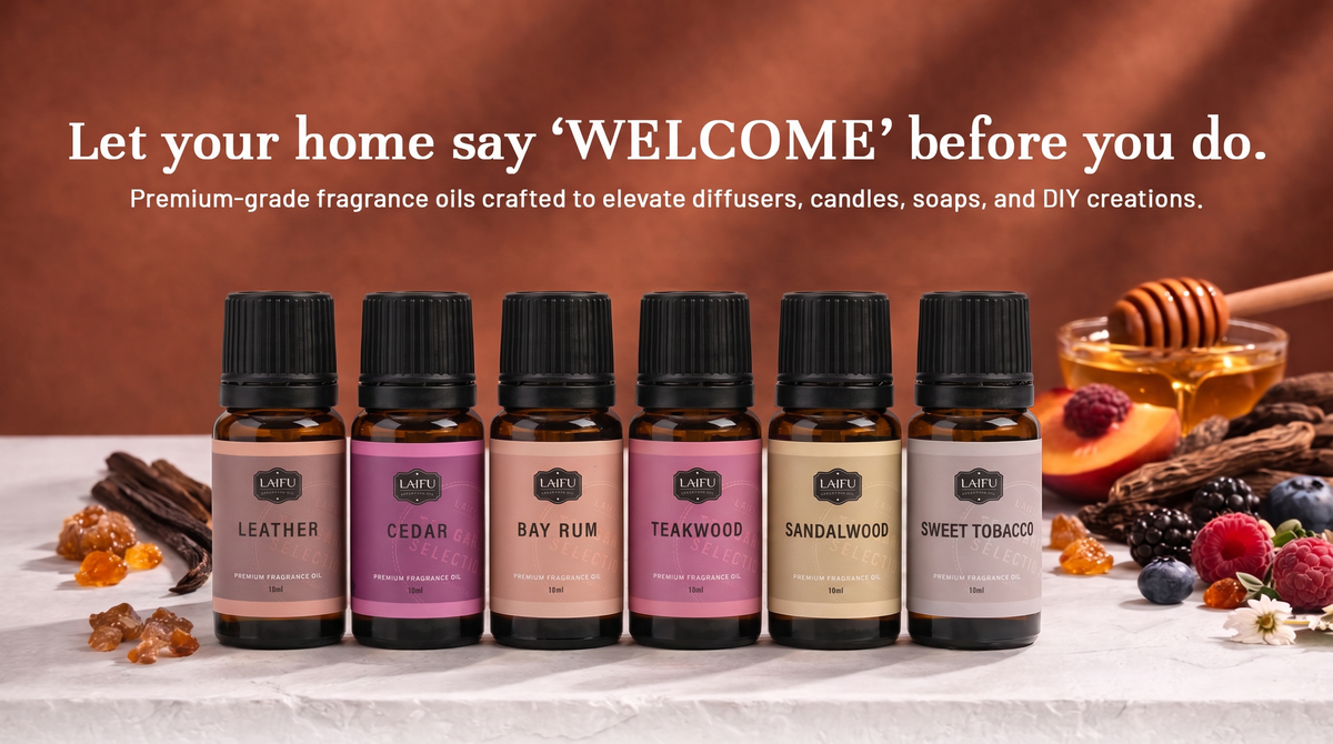 LAIFU Gentlemen's premium fragrance oil set with Leather, Cedar, Bay Rum, Teakwood, Sandalwood, and Sweet Tobacco, styled with honey, vanilla beans, and berries to "Let your home say WELCOME".