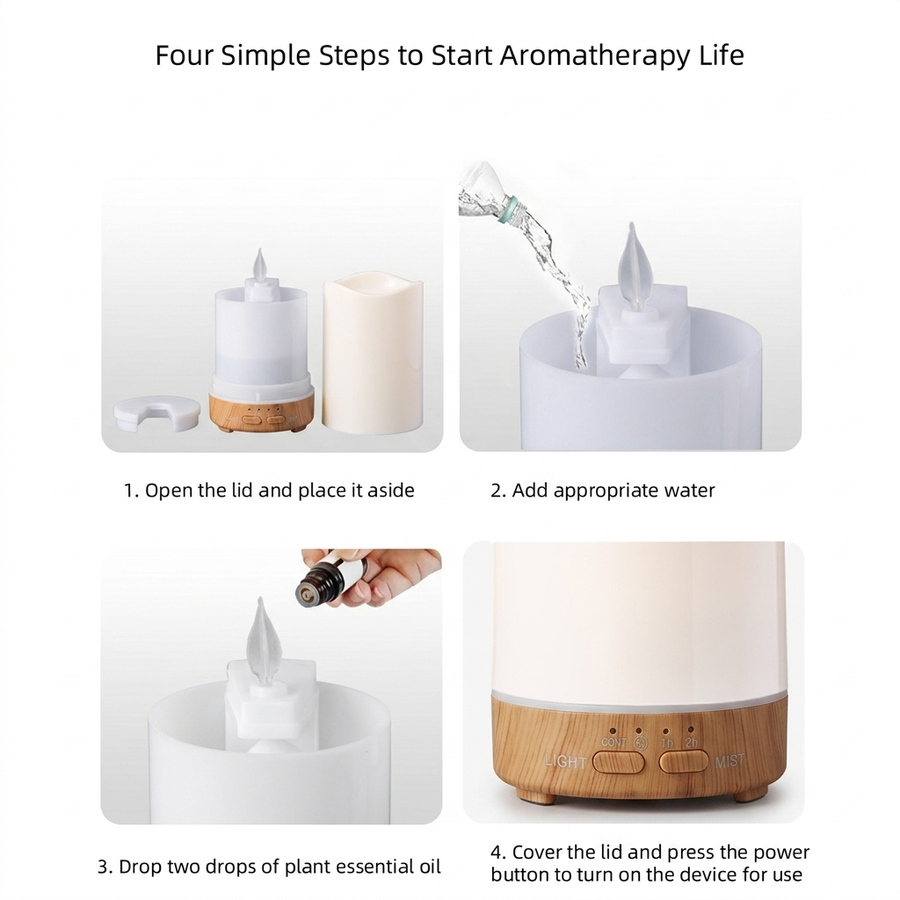 Four simple steps to start aromatherapy life: Open lid, Add water, Drop essential oil, Cover lid and press power button.