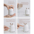 Step-by-step tutorial on how to use the deer humidifier: unlock body, add water, plug in to start mist, and control the light.