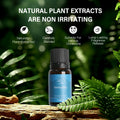 Close-up of Immunity essential oil bottle in a natural green forest setting, highlighting naturally plant-extracted and non-irritating formula.