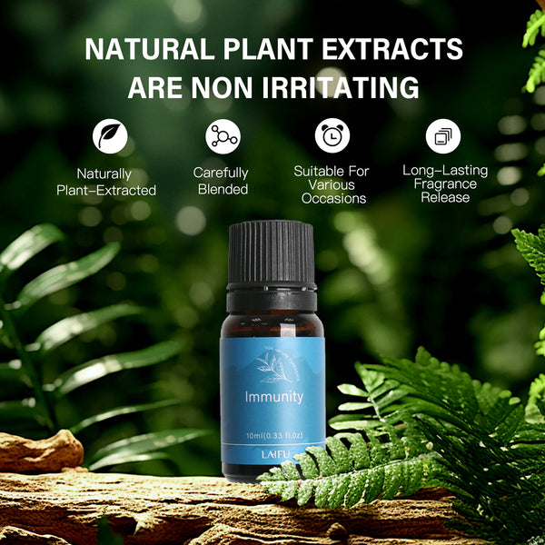 Close-up of Immunity essential oil bottle in a natural green forest setting, highlighting naturally plant-extracted and non-irritating formula.