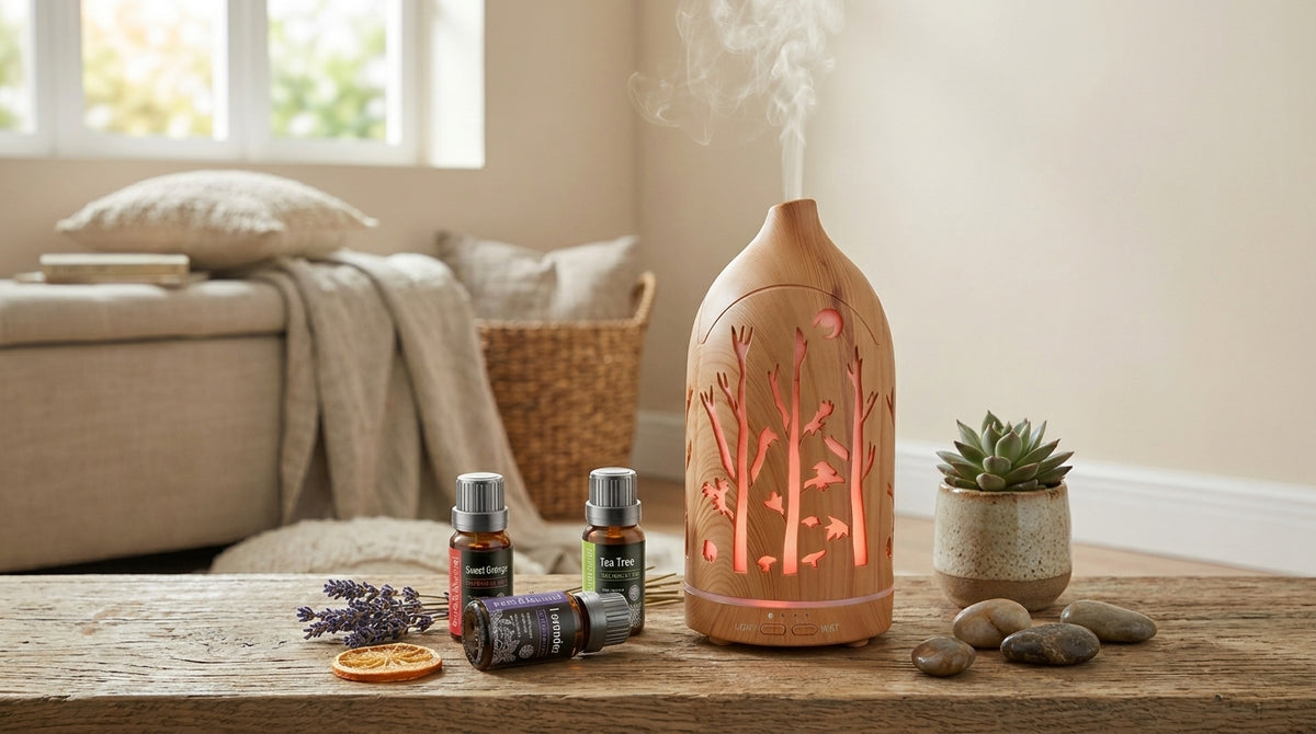 Light wood forest diffuser glowing with warm orange ambient light on a rustic table, surrounded by a 3-pack essential oil set (Lavender, Sweet Orange, Tea Tree), dried lavender, orange slices, and smooth stones.