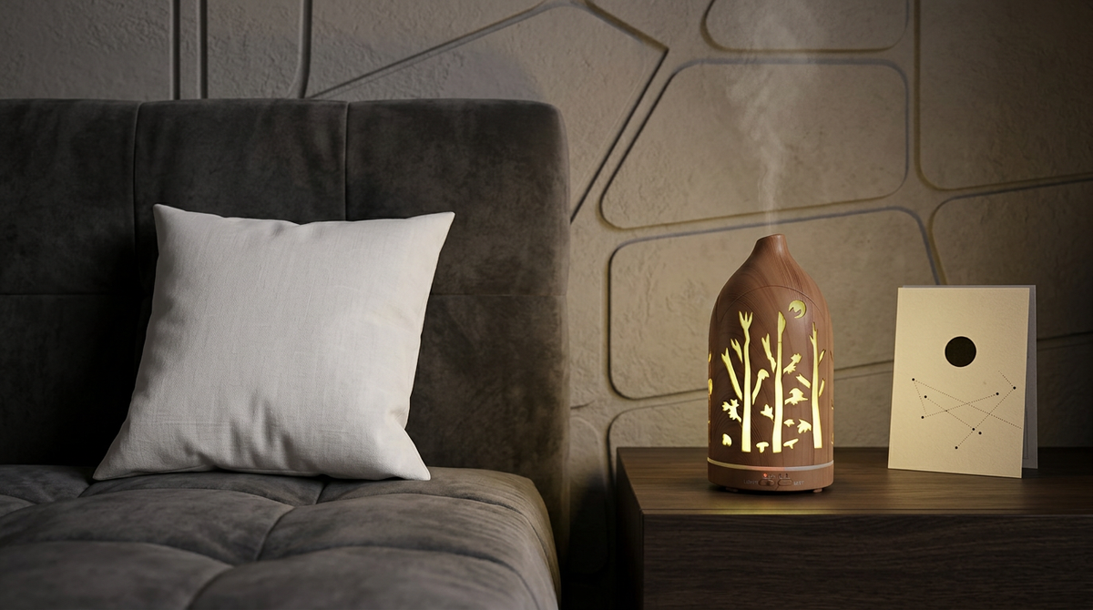 Light wood grain forest cutout diffuser emitting a cool yellow LED light on a dark wooden nightstand in a modern bedroom with geometric wall panels and a constellation card.