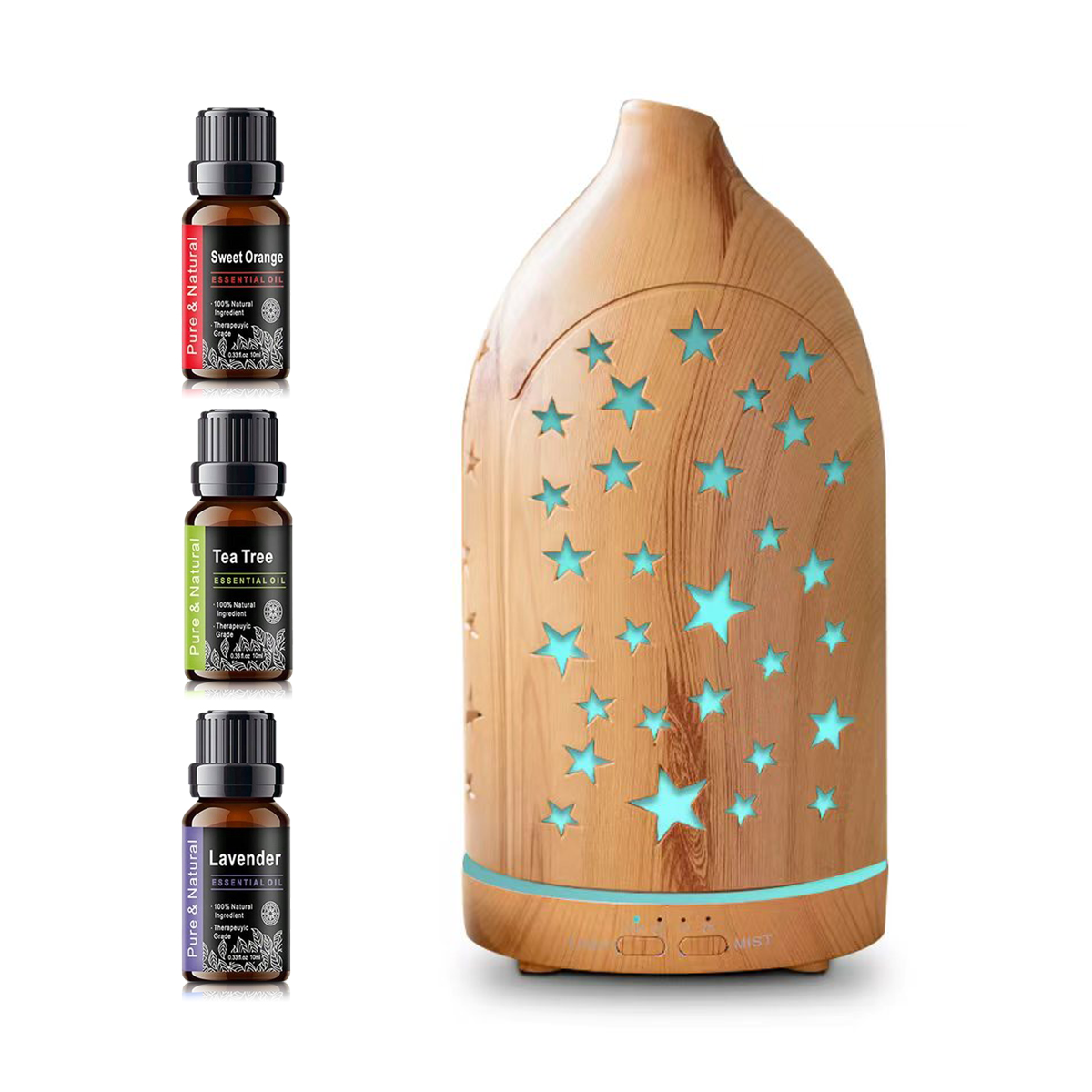 Front view of the light wood grain star cutout diffuser emitting blue LED light with control buttons visible, alongside 3 bottles of essential oils (Lavender, Tea Tree, Sweet Orange).