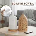 Light wood star diffuser with built-in top lid anti-spilling design shown next to the water reservoir and base, highlighting easy filling and safety.