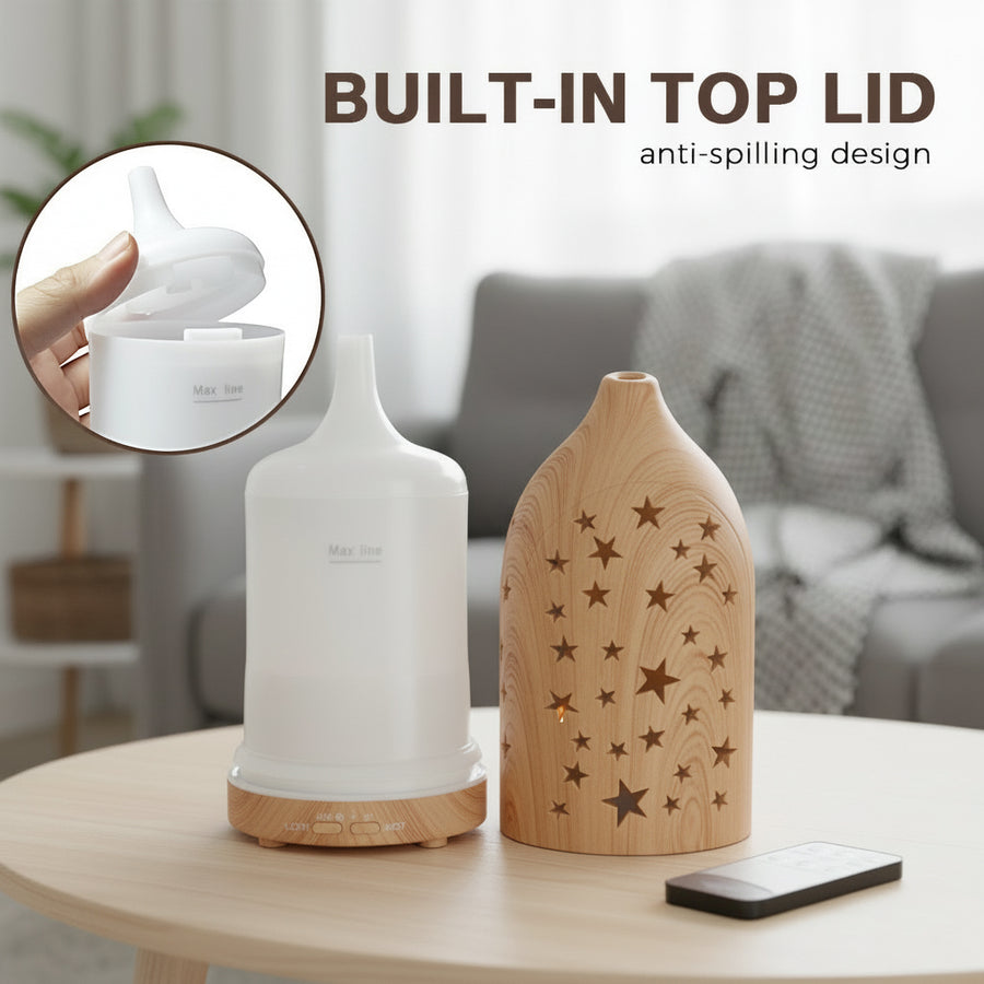 Light wood star diffuser with built-in top lid anti-spilling design shown next to the water reservoir and base, highlighting easy filling and safety.