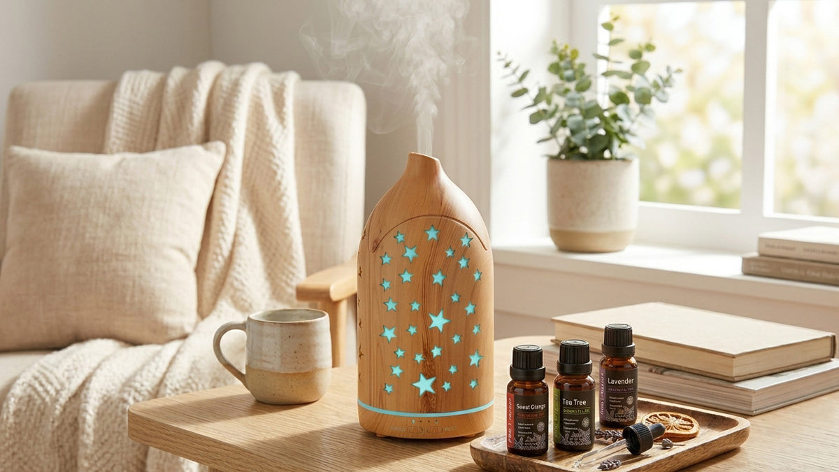 Light wood grain star diffuser glowing with blue light on a rustic wooden table by the window, surrounded by essential oils, a cup of tea, eucalyptus leaves, and dried orange slices.