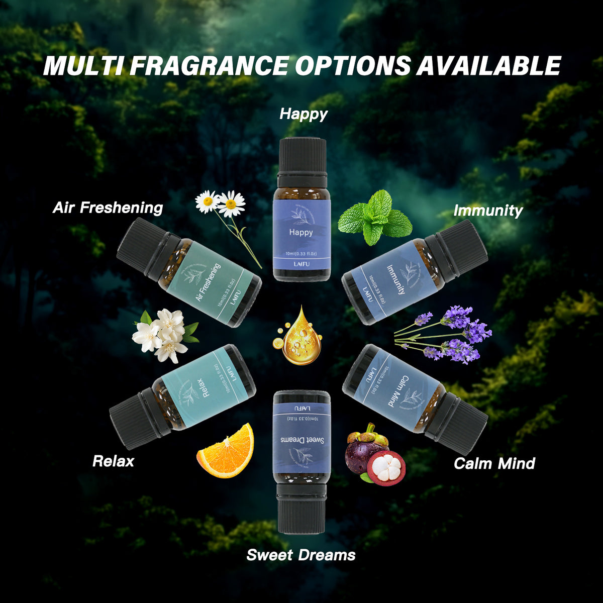 Multi fragrance options visualization for  essential oil set, showing 6 bottles with corresponding natural ingredients: chamomile, mint, lavender, orange, mangosteen, and flowers.