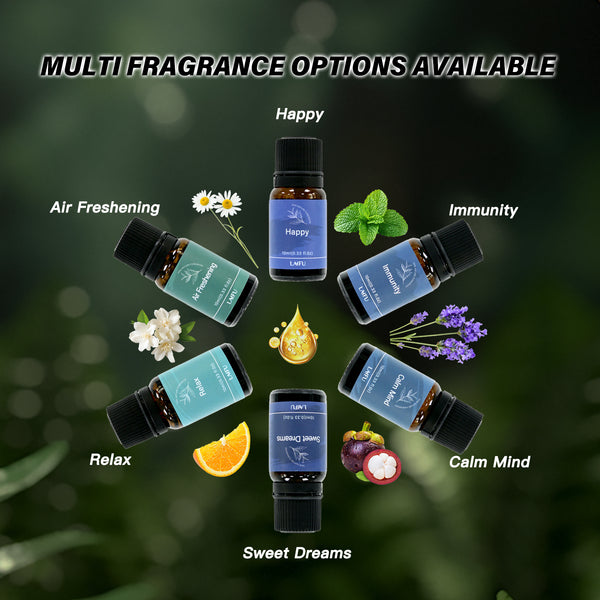 Multi fragrance options available in the LAIFU Well-being Set: Happy, Immunity, Calm Mind, Sweet Dreams, Relax, and Air Freshening, showcased with botanical illustrations.