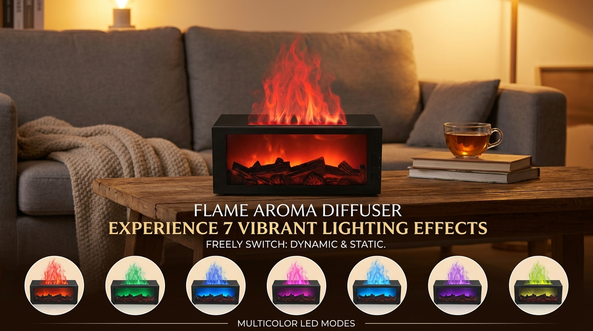 Pniaw flame aroma diffuser with 7 vibrant multicolor LED lighting effects, including dynamic and static modes, shown on a coffee table in a living room.