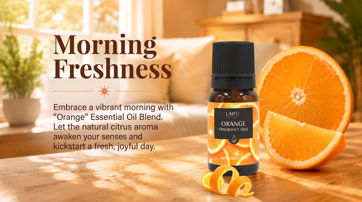 LAIFU Orange Fragrance Oil (10ml) on a sunlit wooden table with fresh orange slices and peel, promoting "Morning Freshness" and a vibrant citrus aroma to start the day.
