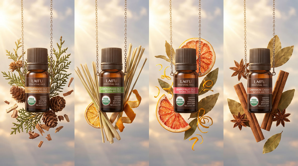 Hanging bottles of LAIFU Certified Organic Essential Oils (Cedarwood, Lemongrass, Grapefruit, Cinnamon) surrounded by natural ingredients like pine cones, cinnamon sticks, and citrus peels.