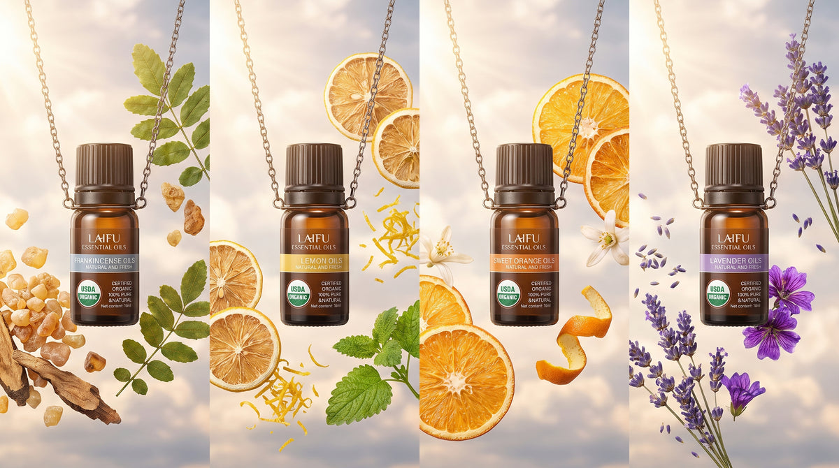 Hanging bottles of LAIFU Certified Organic Essential Oils (Frankincense, Lemon, Sweet Orange, Lavender) with natural botanical elements like frankincense resin, lemon slices, and lavender flowers.