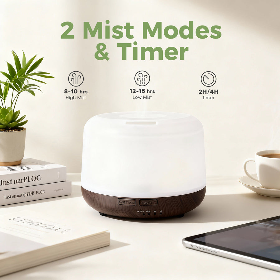 Pniaw 500ml aroma diffuser features 2 mist modes (High 8-10 hrs, Low 12-15 hrs) and 2H/4H timer settings for customized aromatherapy sessions.