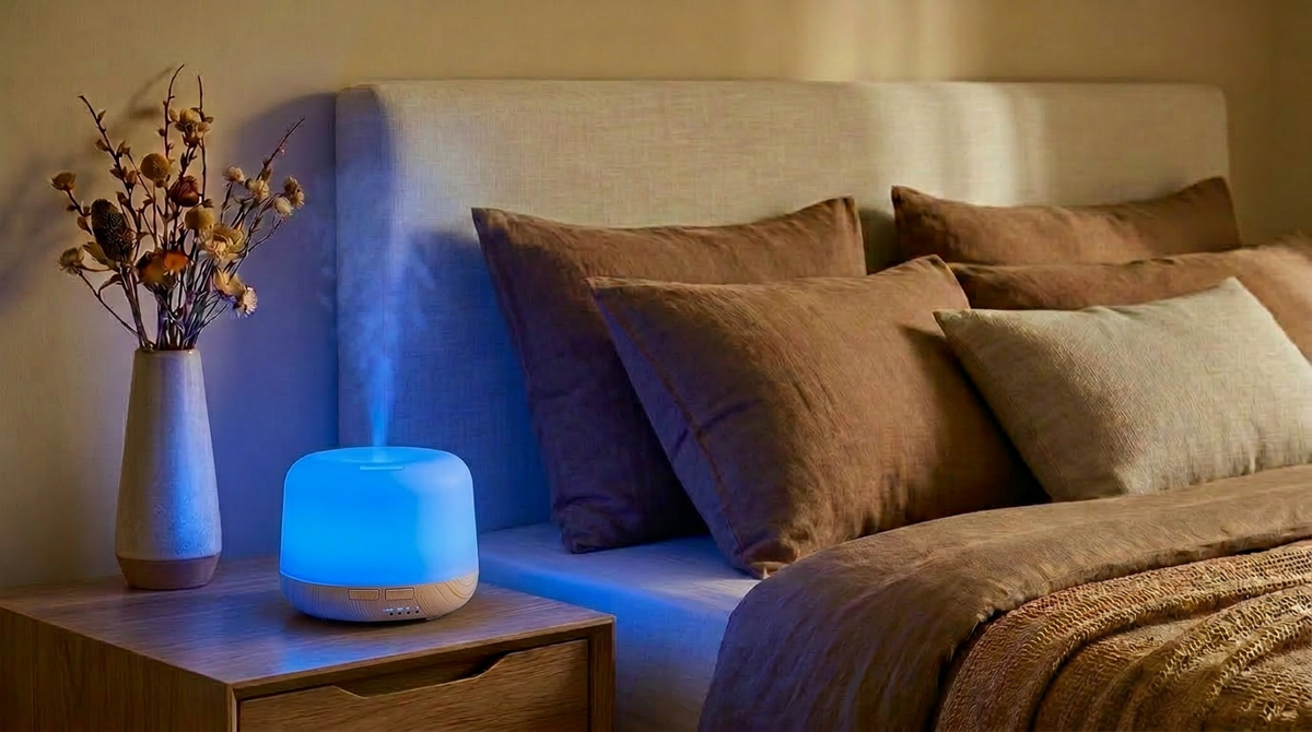 Pniaw 500ml wood grain diffuser glowing with blue LED light on a bedroom nightstand, creating a cozy sleep atmosphere with dried flowers.
