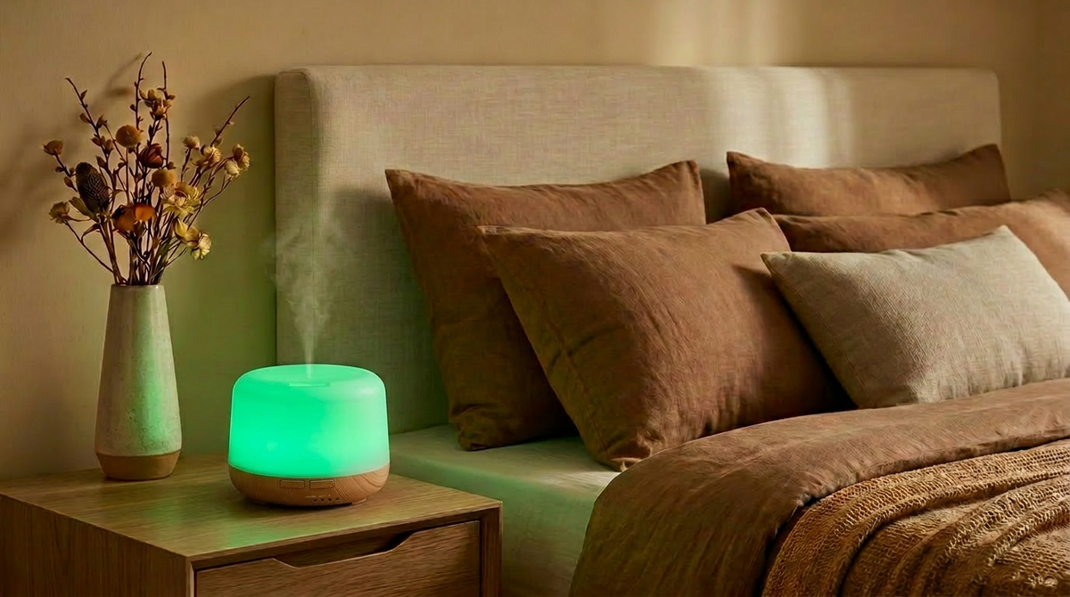 Pniaw 500ml wood grain diffuser glowing with green LED light on a bedroom nightstand, creating a cozy sleep atmosphere with dried flowers.