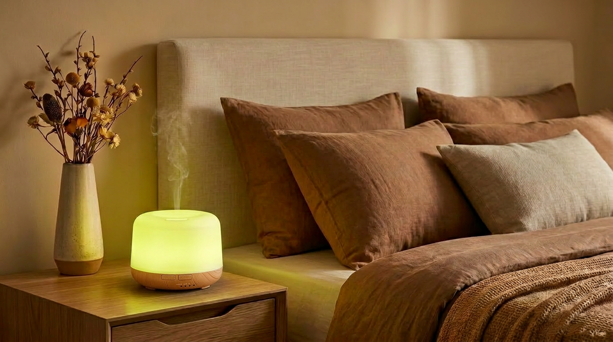 Pniaw 500ml wood grain diffuser glowing with green yellow LED light on a bedroom nightstand, creating a cozy sleep atmosphere with dried flowers.