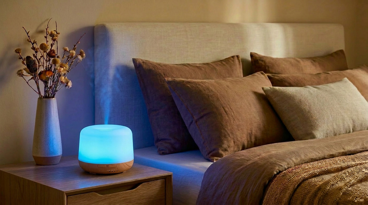 Pniaw 500ml wood grain diffuser glowing with light blue LED light on a bedroom nightstand, creating a cozy sleep atmosphere with dried flowers.