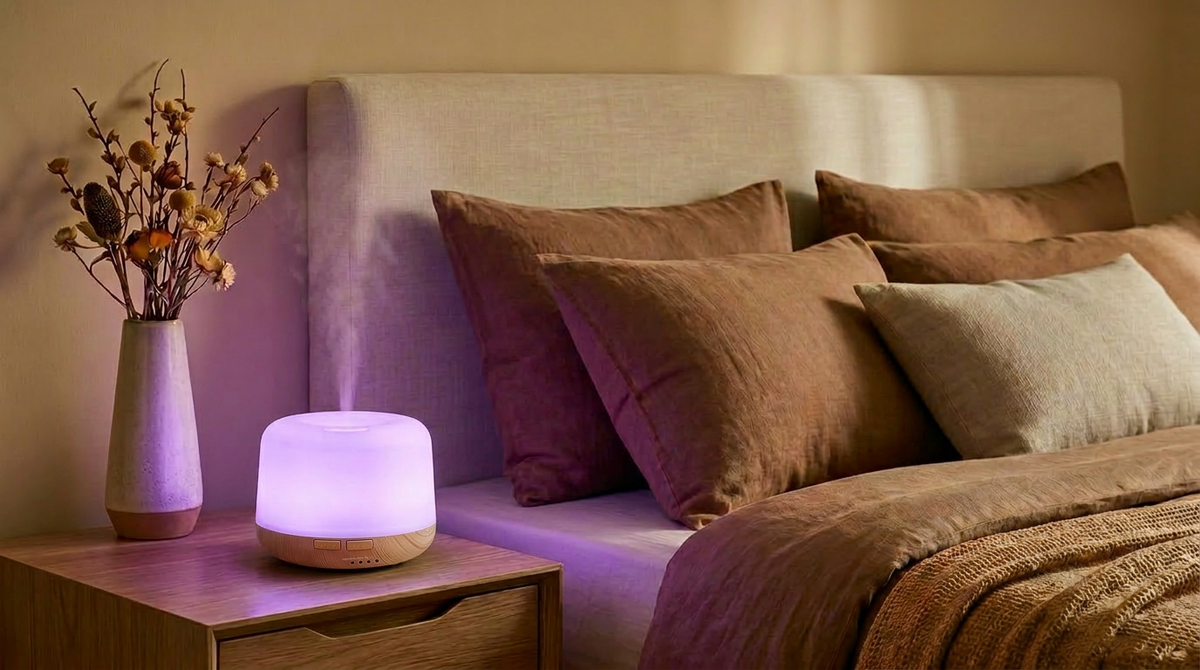 Pniaw 500ml wood grain diffuser glowing with purple LED light on a bedroom nightstand, creating a cozy sleep atmosphere with dried flowers.