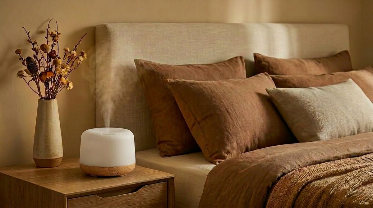 Pniaw 500ml wood grain diffuser glowing on a bedroom nightstand, creating a cozy sleep atmosphere with dried flowers.